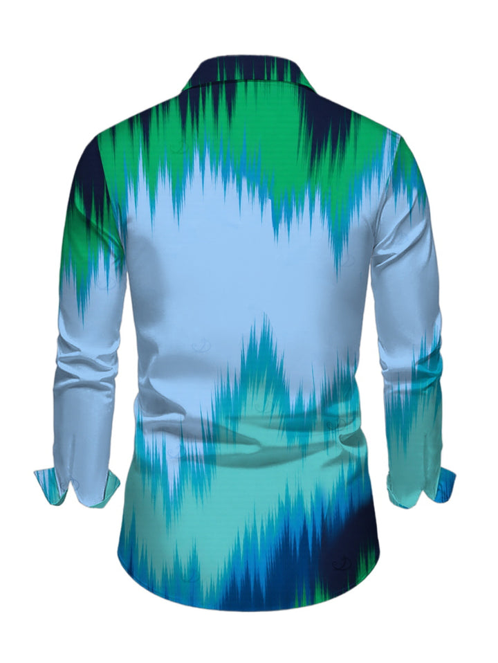 Men's Ombre Tie Dye Zig Zag Print Button Up Long Sleeve Vintage Vacation Shirt