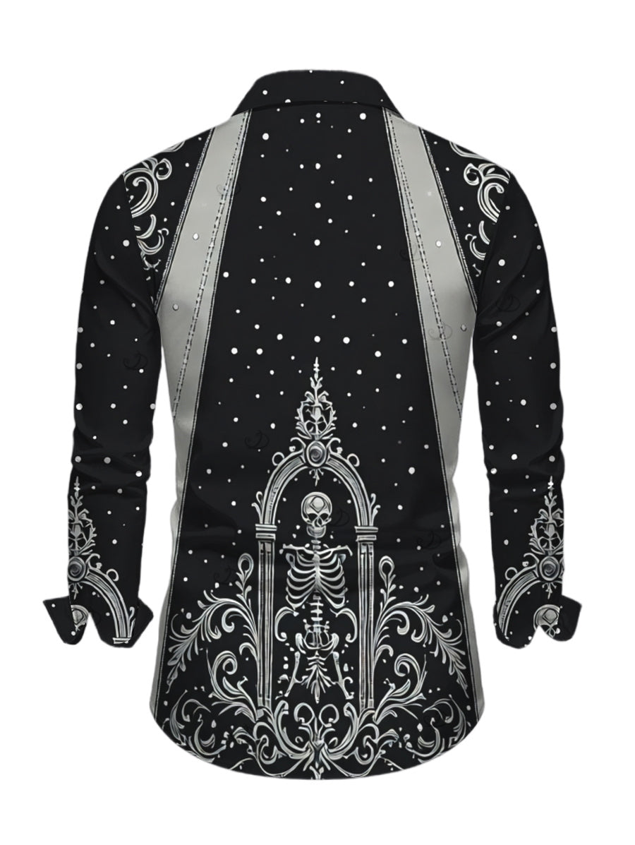 Men's Skeleton Skull Polka Dots Printed Button Up Long Sleeve Gothic Shirt