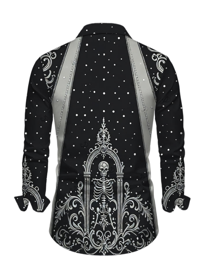 Men's Skeleton Skull Polka Dots Printed Button Up Long Sleeve Gothic Shirt