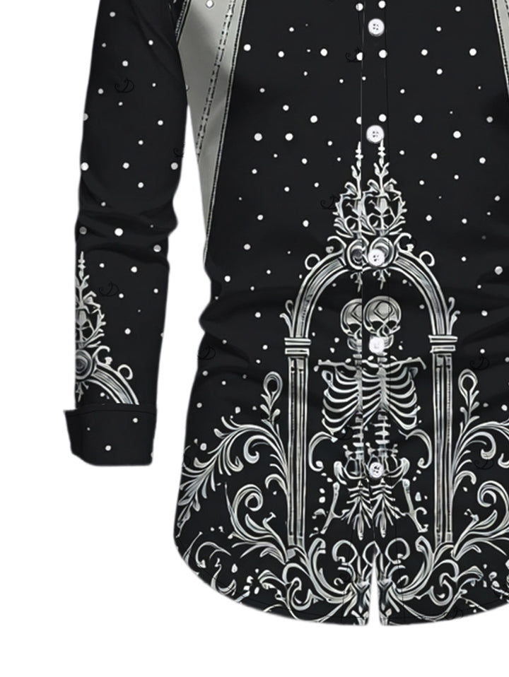 Men's Skeleton Skull Polka Dots Printed Button Up Long Sleeve Gothic Shirt