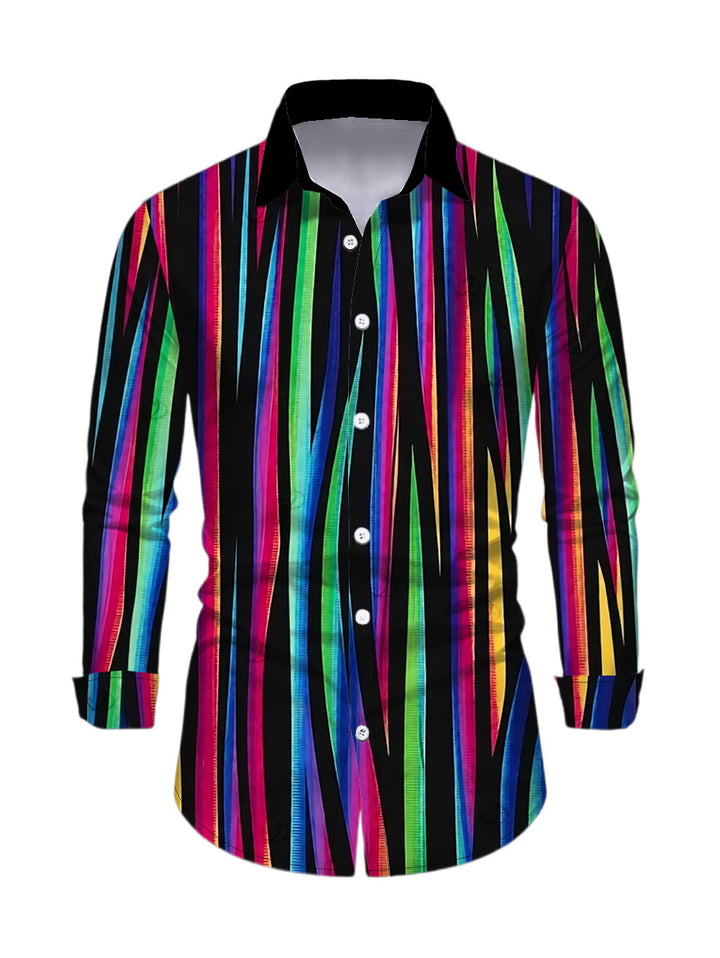 Men's Abstract Multicolor Striped Print Button Up Long Sleeve Vacation Shirt