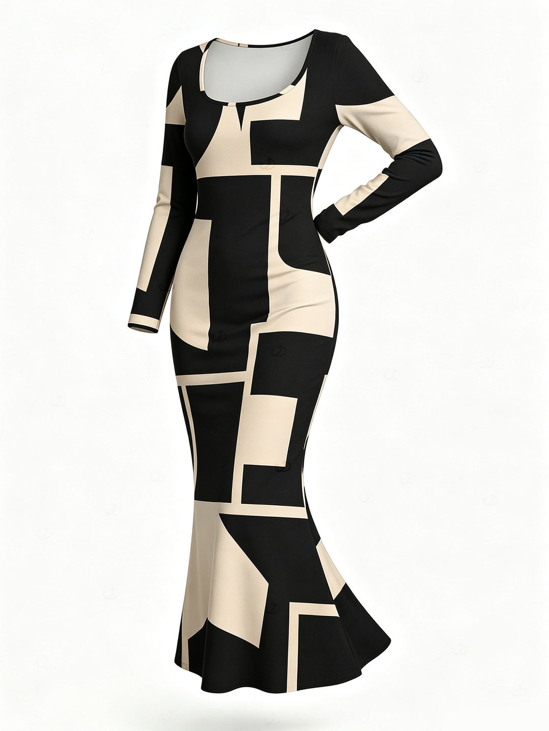Colorblock Geometric Print Scoop Neck Long Sleeve Bodycon Dress