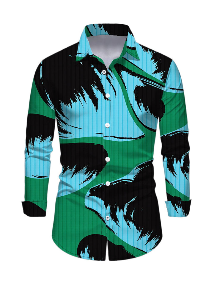 Men's Colorblock Abstract Palm Leaf Striped Print Button Up Long Sleeve Vacation Shirt