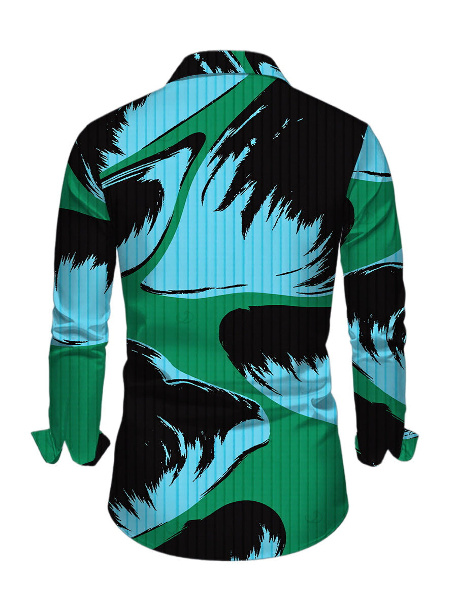 Men's Colorblock Abstract Palm Leaf Striped Print Button Up Long Sleeve Vacation Shirt