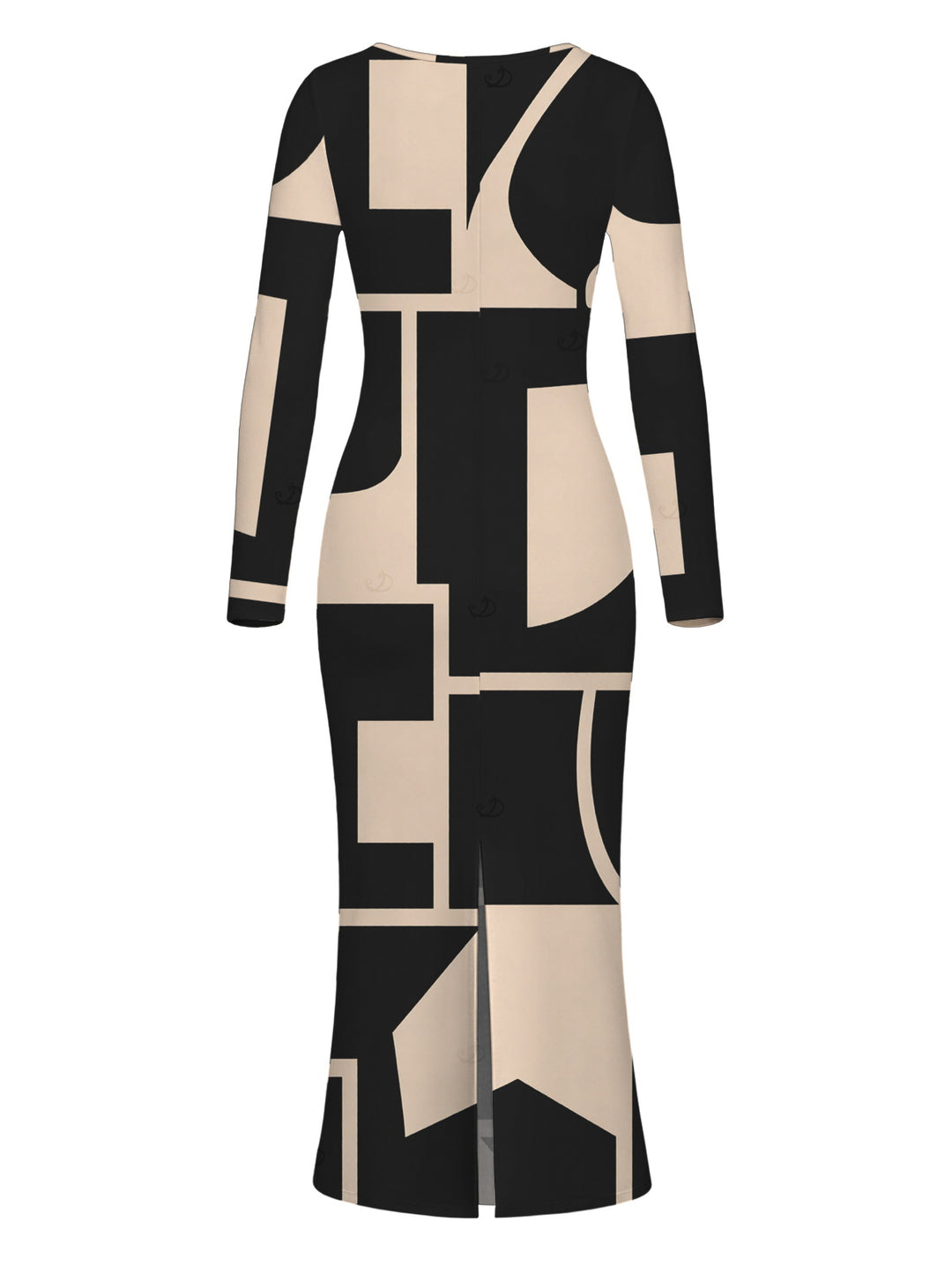 Colorblock Geometric Print Scoop Neck Long Sleeve Bodycon Dress