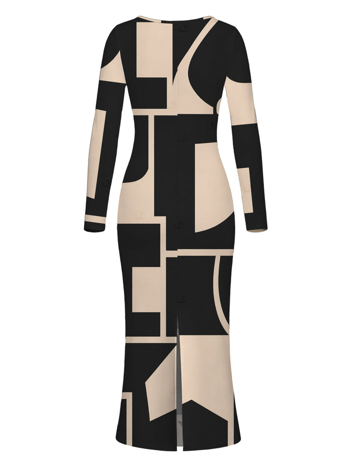 Colorblock Geometric Print Scoop Neck Long Sleeve Bodycon Dress