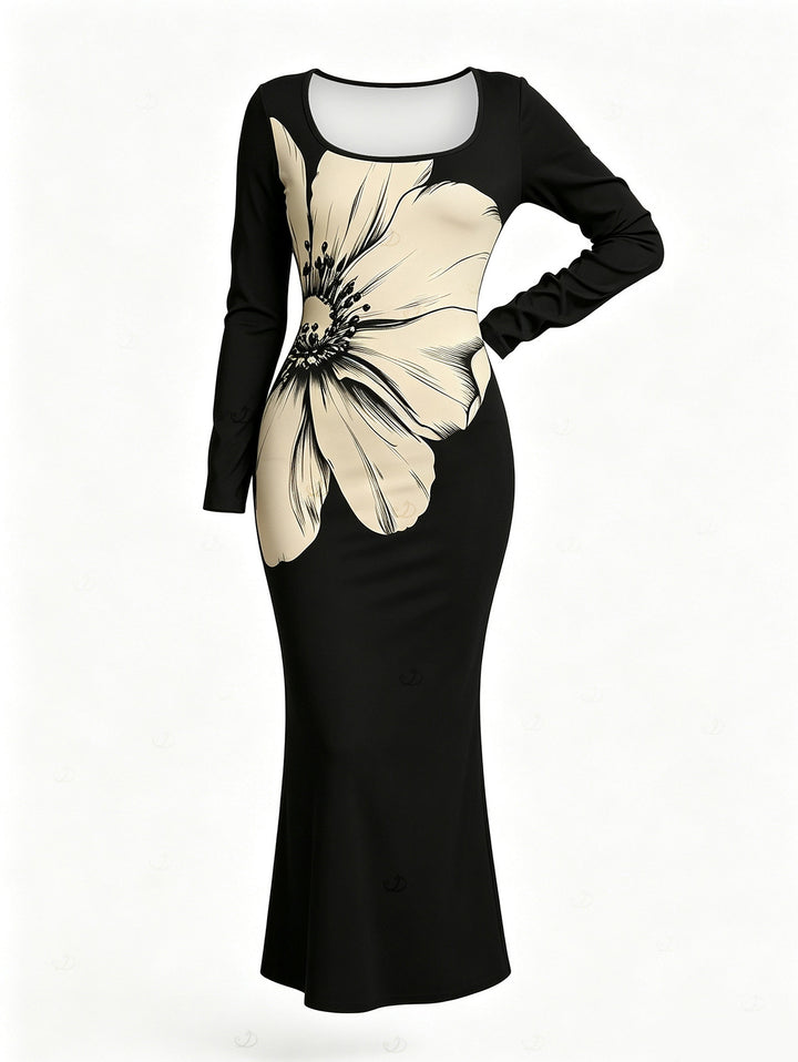 Sketch Floral Print Scoop Neck Long Sleeve Bodycon Dress