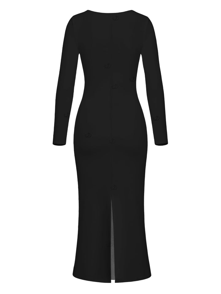 Sketch Floral Print Scoop Neck Long Sleeve Bodycon Dress