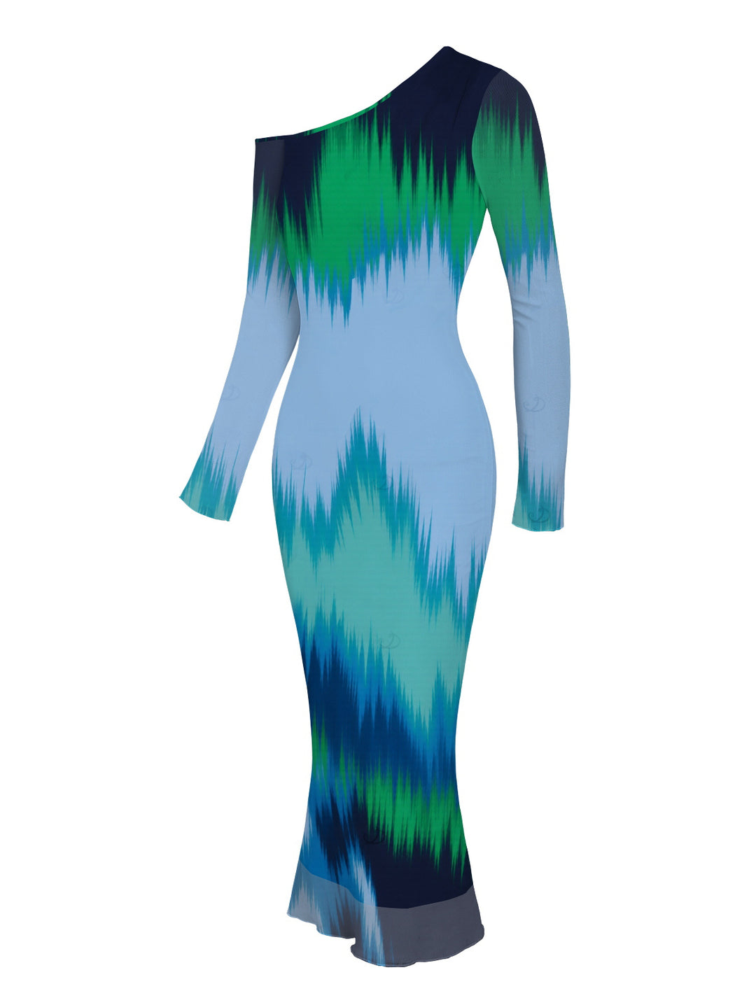Ombre Tie Dye Zig Zag Print Mesh Skew Neck Long Sleeve Bodycon Vintage Party Dress