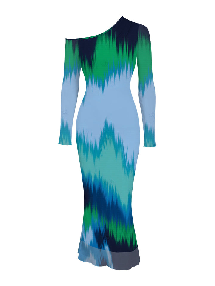 Ombre Tie Dye Zig Zag Print Mesh Skew Neck Long Sleeve Bodycon Vintage Party Dress