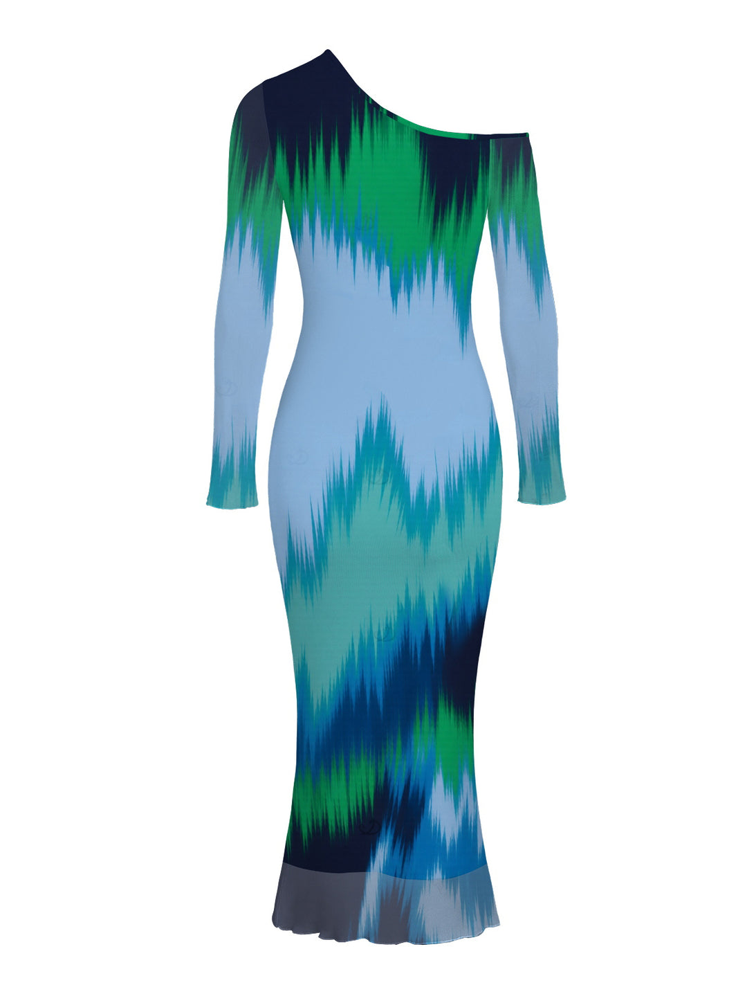 Ombre Tie Dye Zig Zag Print Mesh Skew Neck Long Sleeve Bodycon Vintage Party Dress
