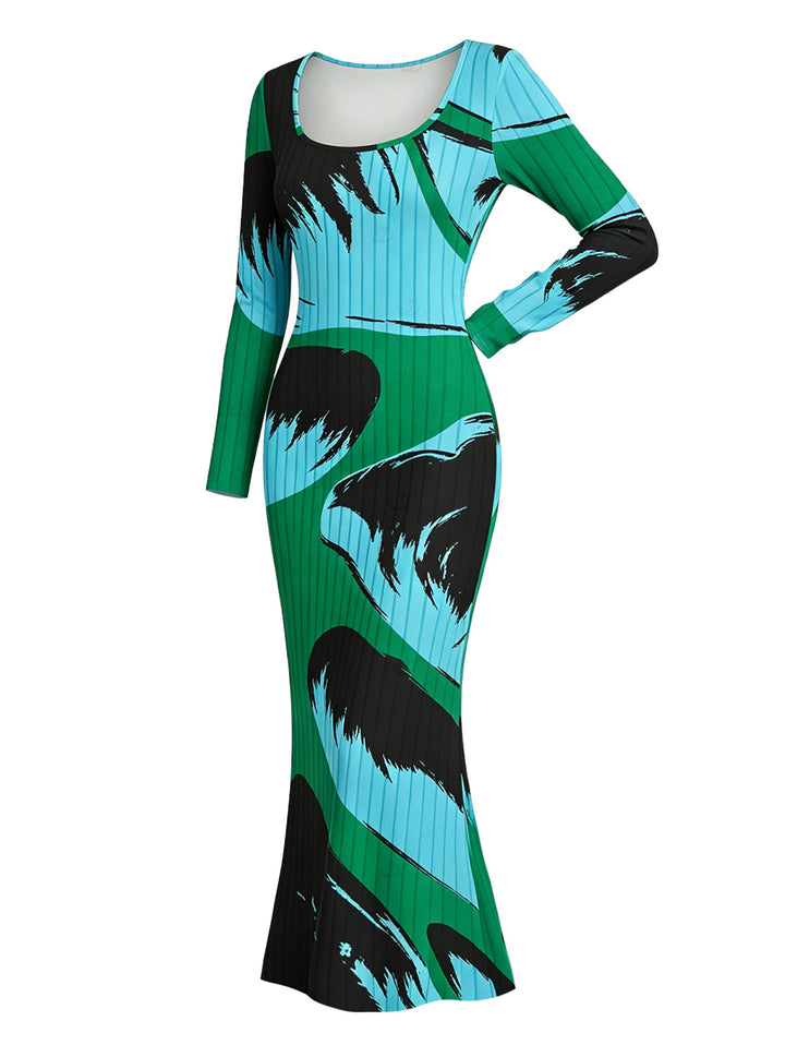 Colorblock Abstract Palm Leaf Striped Print Scoop Neck Long Sleeve Bodycon Vacation Dress