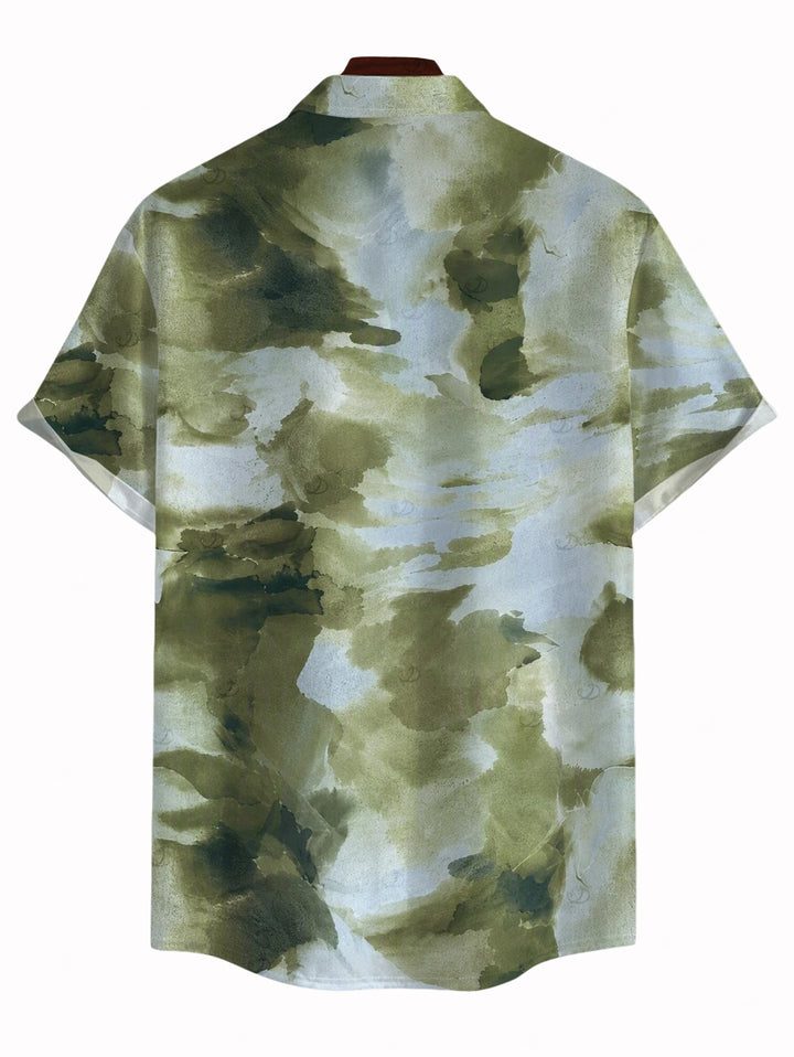 Men's Vintage Ink Painting Tie Dye Print Button Up Short Sleeve Shirt