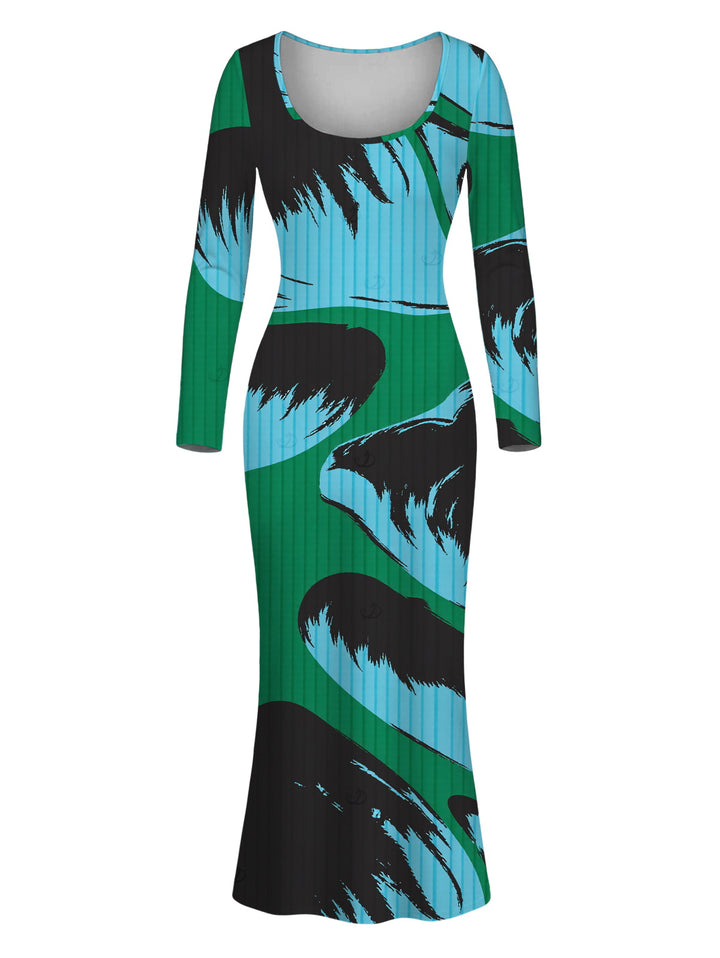 Colorblock Abstract Palm Leaf Striped Print Scoop Neck Long Sleeve Bodycon Vacation Dress