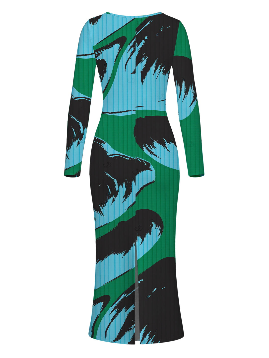 Colorblock Abstract Palm Leaf Striped Print Scoop Neck Long Sleeve Bodycon Vacation Dress