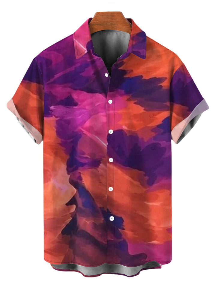 Men's Vintage Ink Painting Tie Dye Print Button Up Short Sleeve Shirt