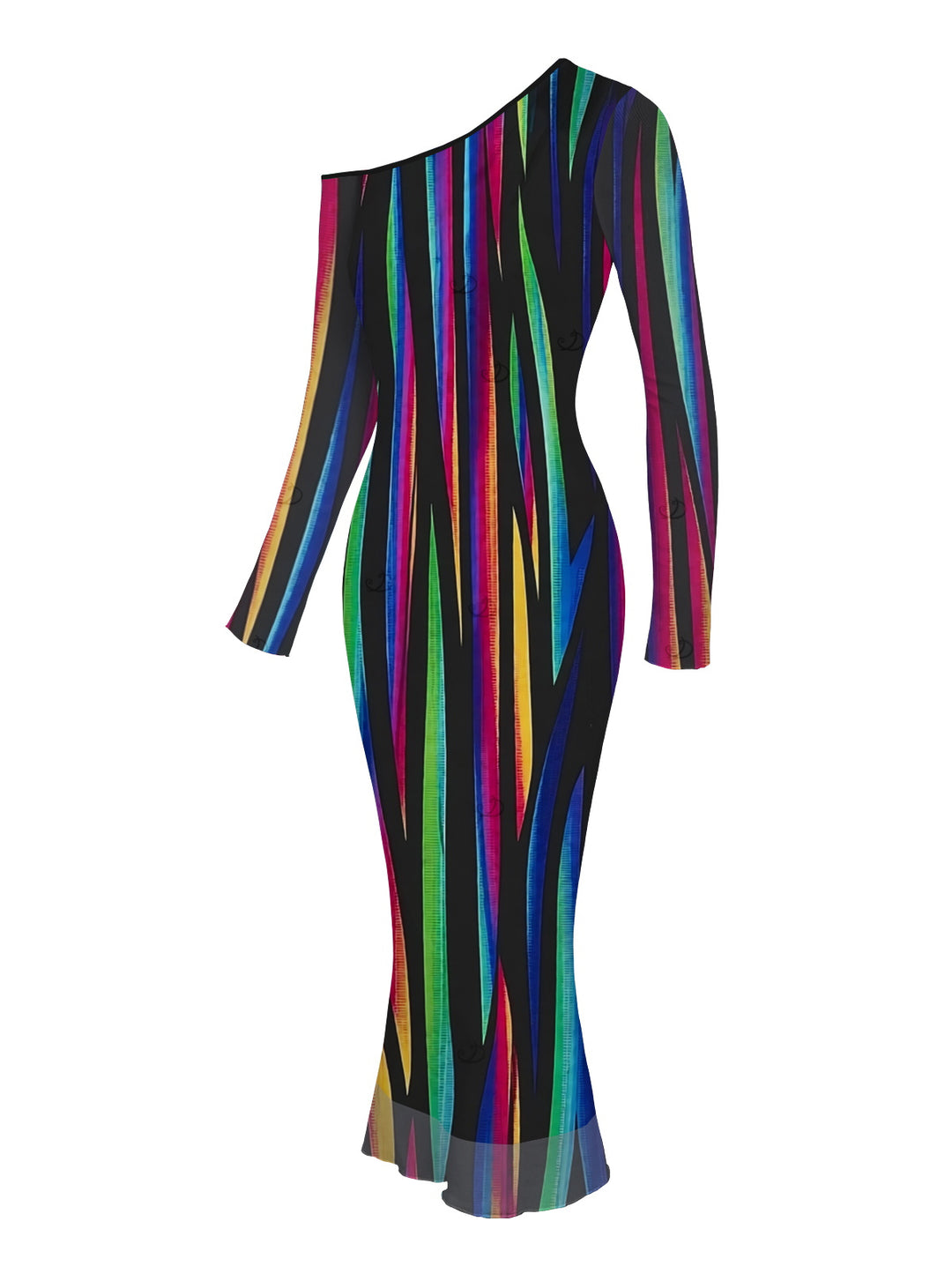 Abstract Multicolor Striped Print Mesh Skew Neck Long Sleeve Bodycon Vacation Party Dress