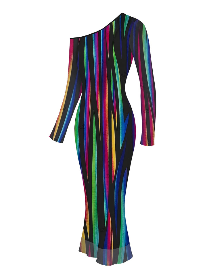 Abstract Multicolor Striped Print Mesh Skew Neck Long Sleeve Bodycon Vacation Party Dress