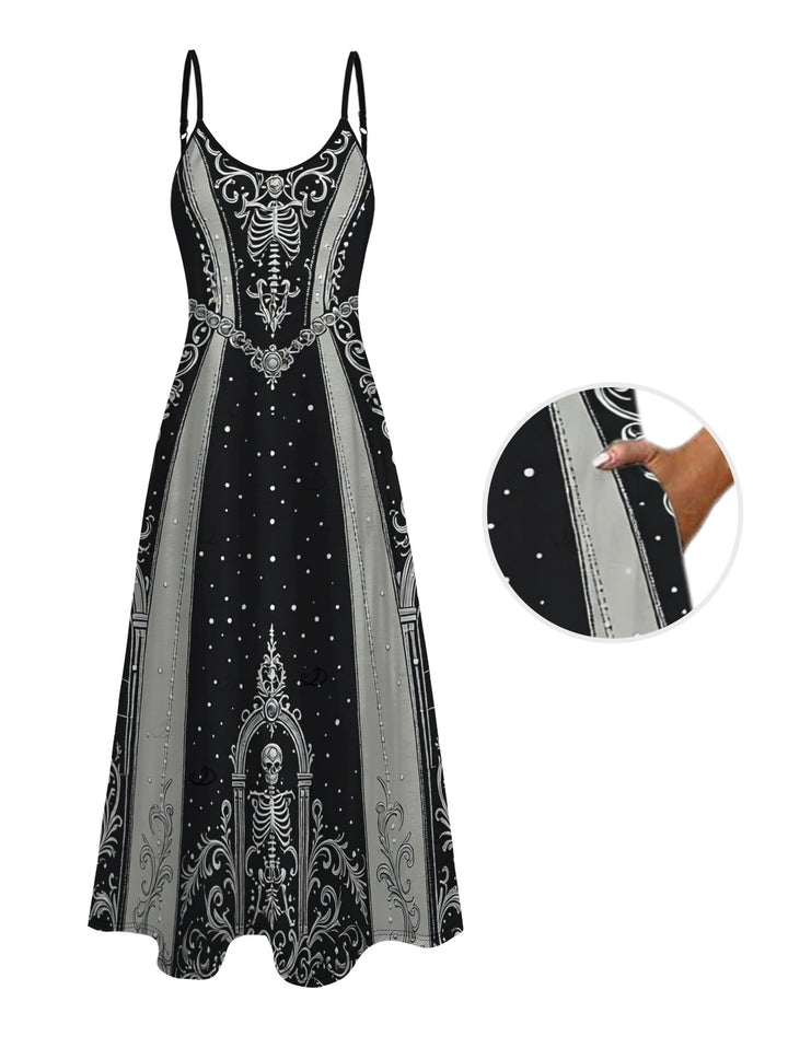 Skeleton Skull Polka Dots Printed V Neck Pocket A Line Halloween Gothic Party Dress