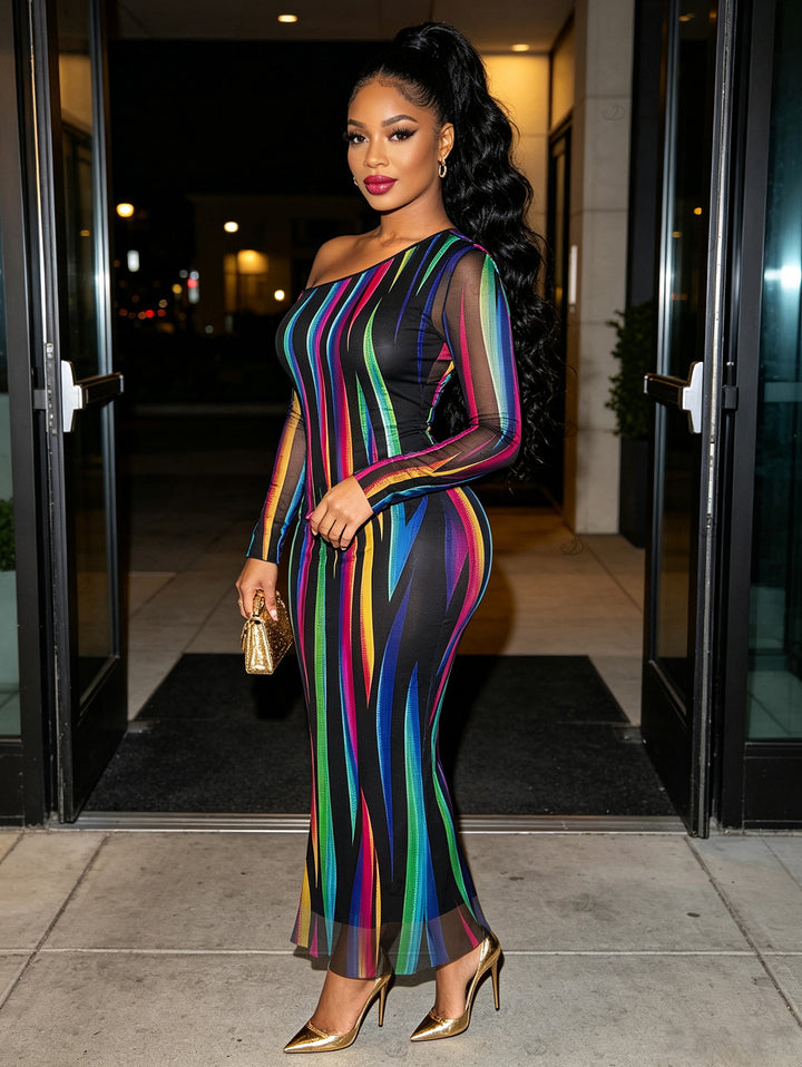 Abstract Multicolor Striped Print Mesh Skew Neck Long Sleeve Bodycon Vacation Party Dress