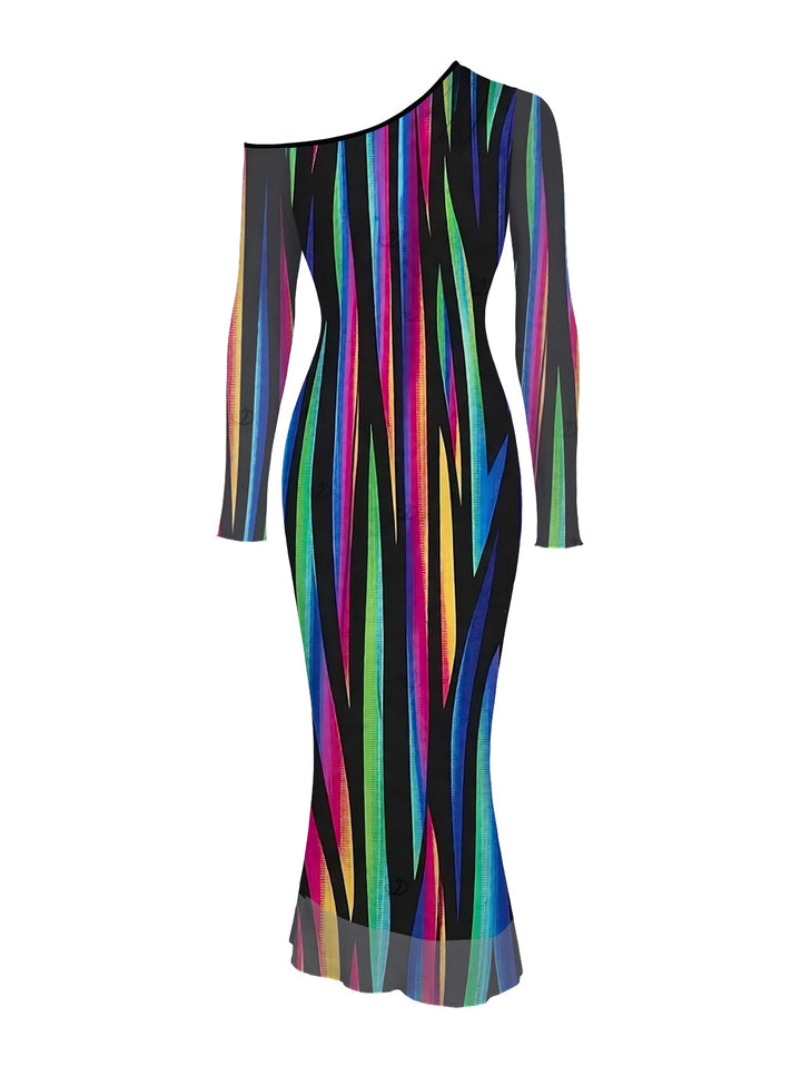 Abstract Multicolor Striped Print Mesh Skew Neck Long Sleeve Bodycon Vacation Party Dress