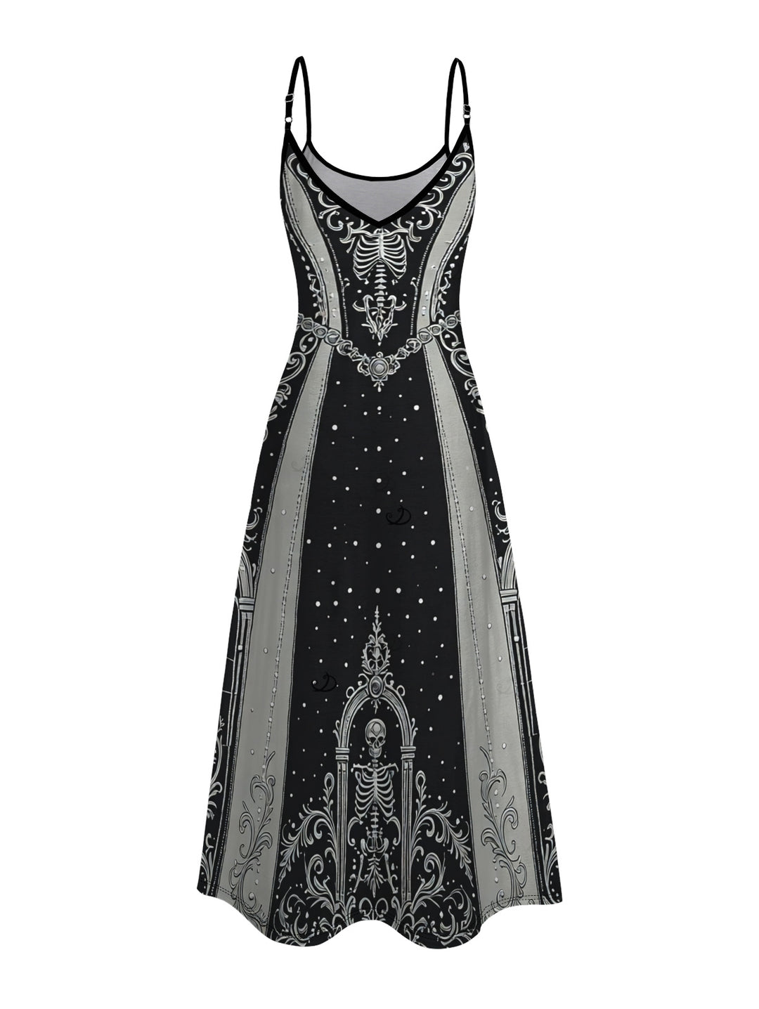 Skeleton Skull Polka Dots Printed V Neck Pocket A Line Halloween Gothic Party Dress