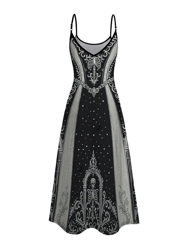 Skeleton Skull Polka Dots Printed V Neck Pocket A Line Halloween Gothic Party Dress
