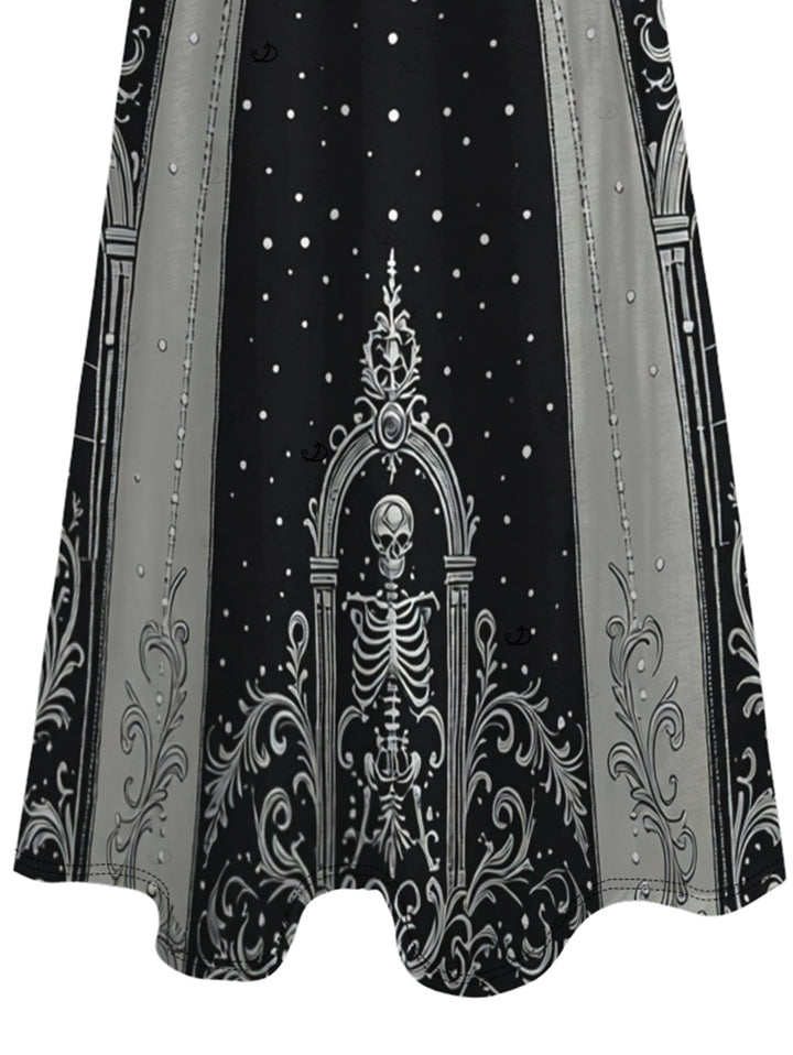 Skeleton Skull Polka Dots Printed V Neck Pocket A Line Halloween Gothic Party Dress
