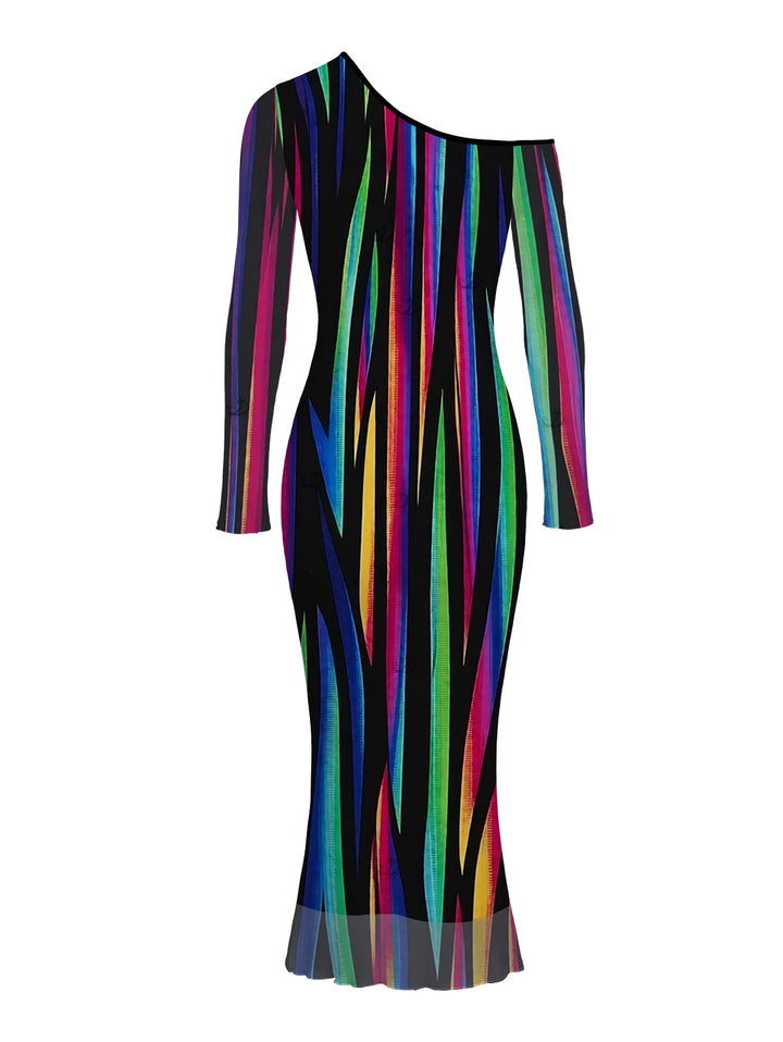 Abstract Multicolor Striped Print Mesh Skew Neck Long Sleeve Bodycon Vacation Party Dress