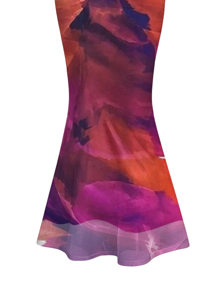 Ink Painting Tie Dye Print Crisscross Mermaid Bodycon Vintage Party Dress