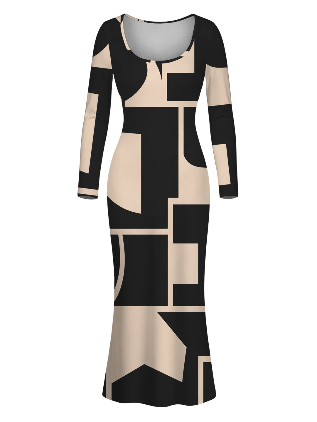 Colorblock Geometric Print Scoop Neck Long Sleeve Bodycon Dress