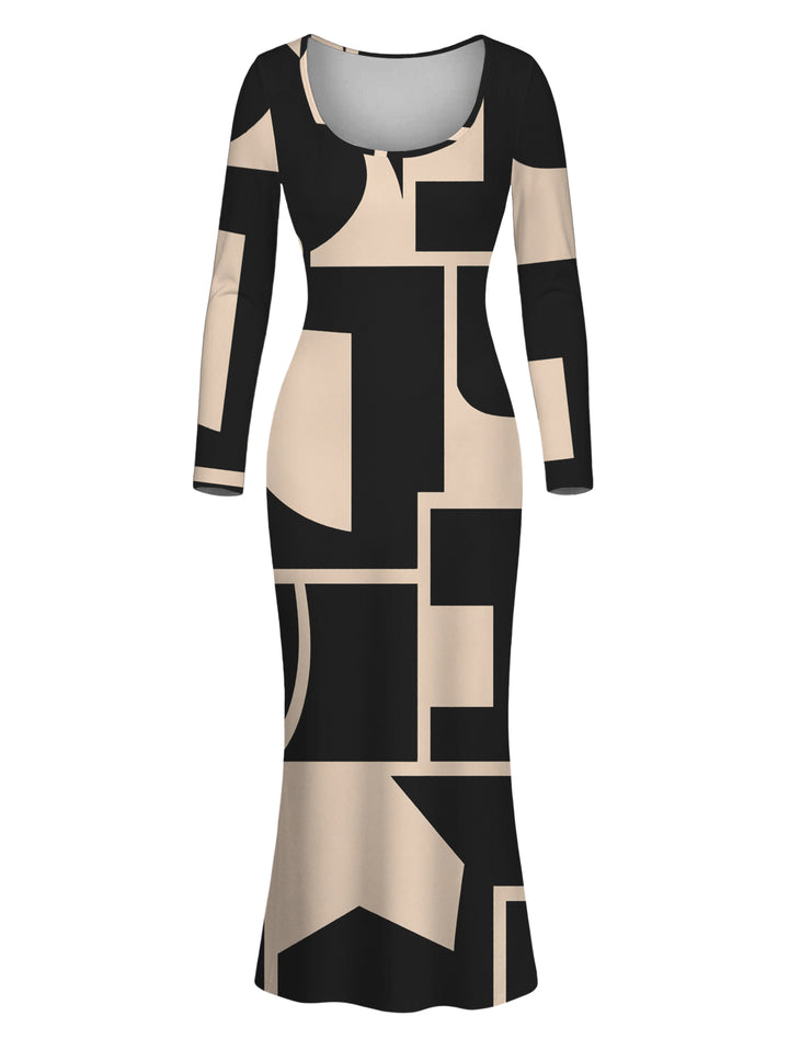 Colorblock Geometric Print Scoop Neck Long Sleeve Bodycon Dress