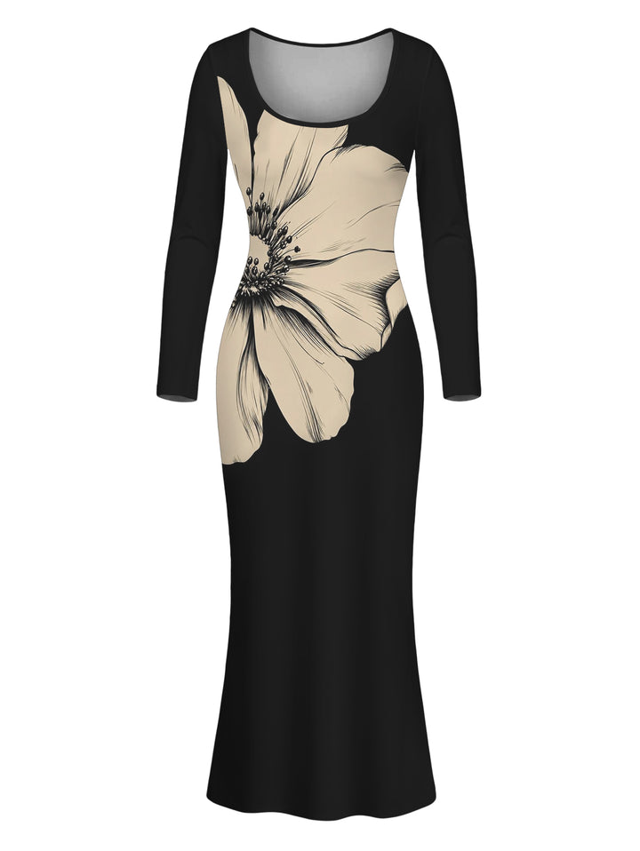 Sketch Floral Print Scoop Neck Long Sleeve Bodycon Dress