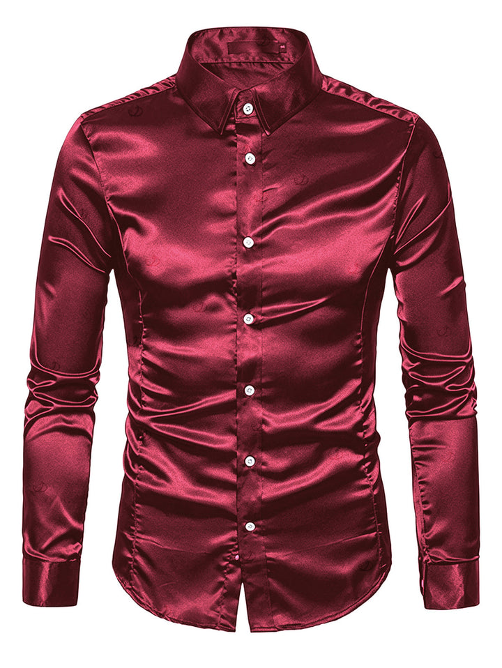 Men's Shiny Solid Color Long Sleeve Button Up Party Shirt