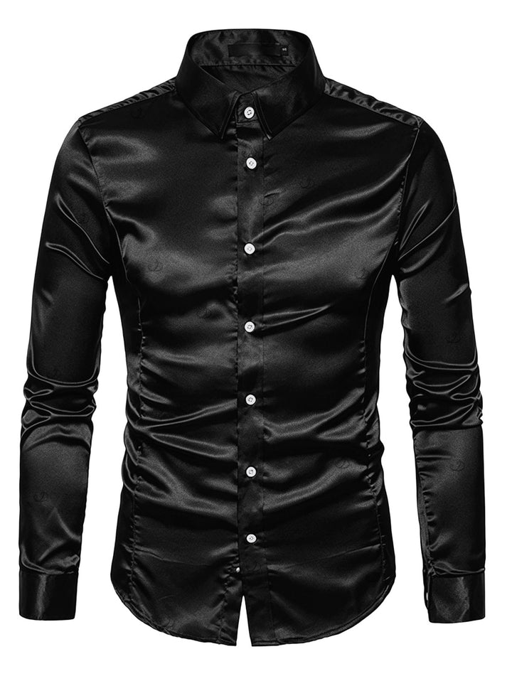 Men's Shiny Solid Color Long Sleeve Button Up Party Shirt
