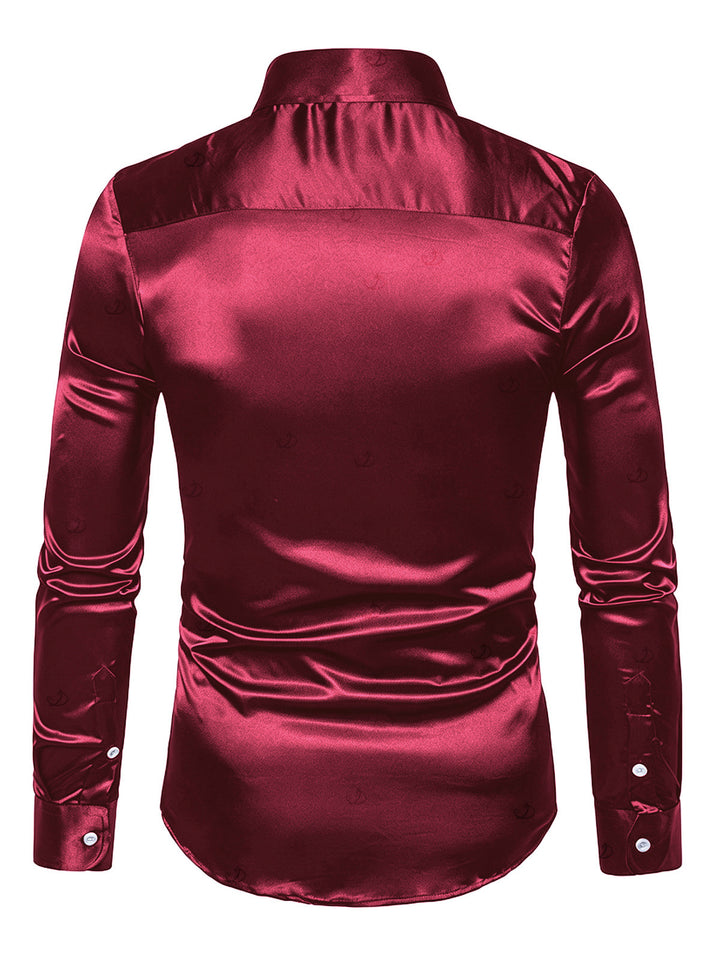 Men's Shiny Solid Color Long Sleeve Button Up Party Shirt