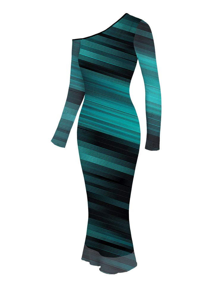 Ombre Striped Print Mesh Skew Neck Long Sleeve Bodycon Dress