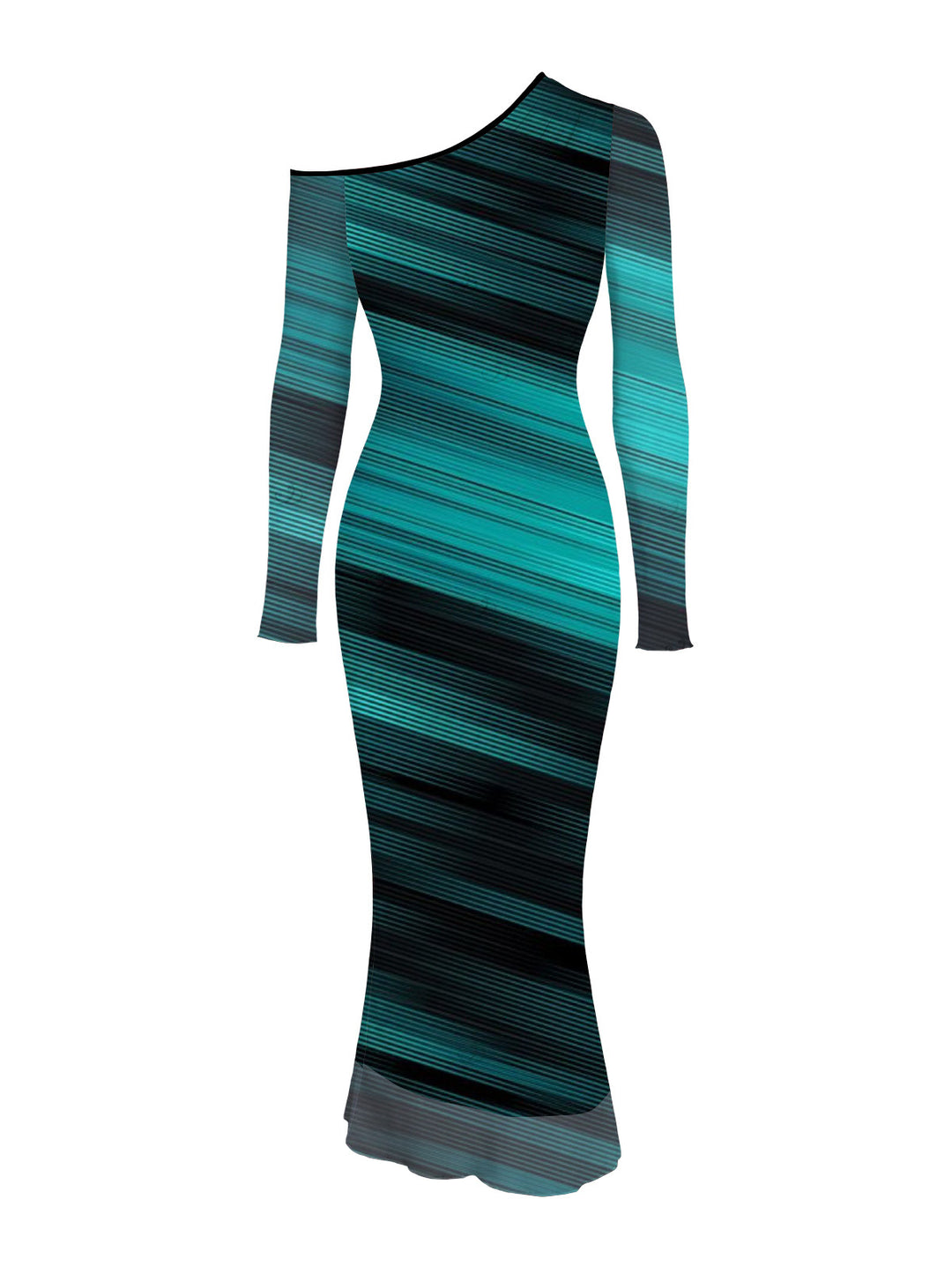 Ombre Striped Print Mesh Skew Neck Long Sleeve Bodycon Dress