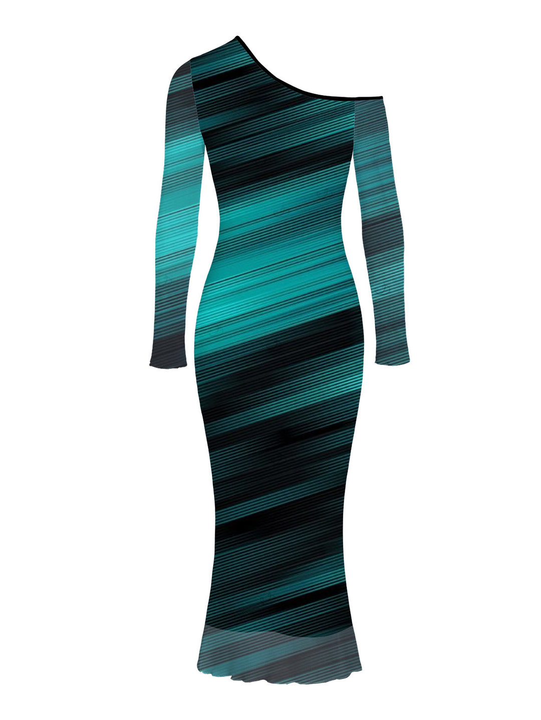 Ombre Striped Print Mesh Skew Neck Long Sleeve Bodycon Dress