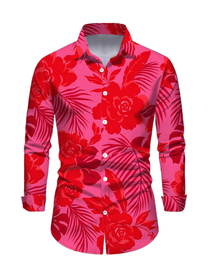 Men's Rose Floral Leaf Print Button Up Long Sleeve Shirt