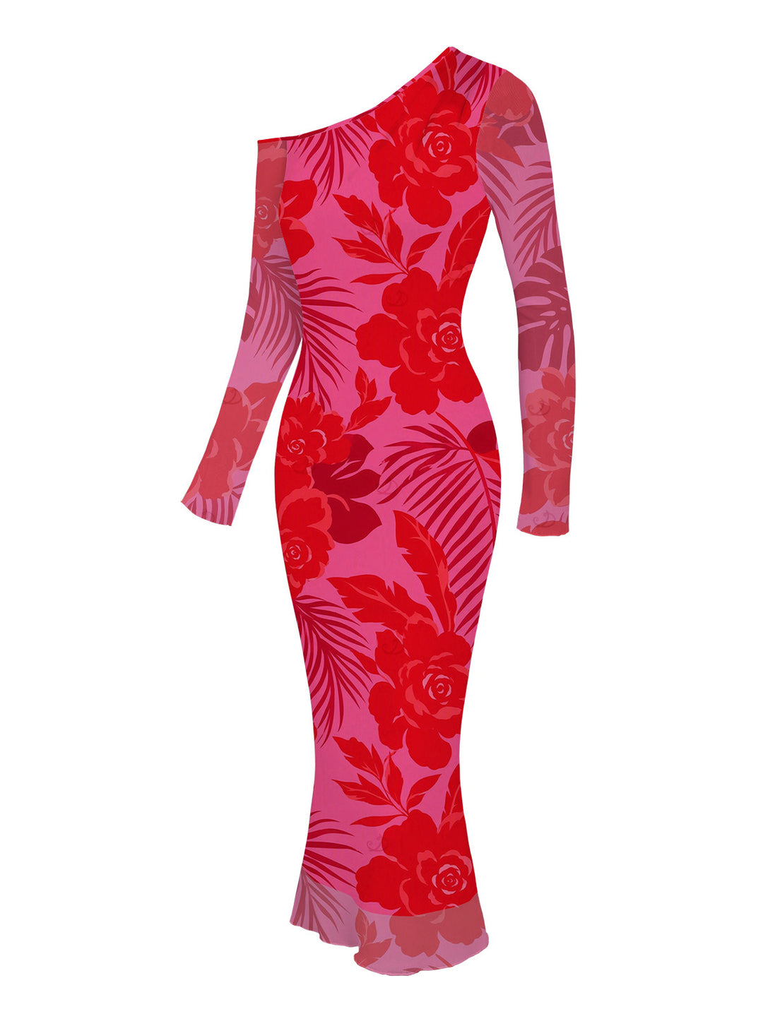 Rose Floral Leaf Print Mesh Skew Neck Long Sleeve Bodycon Dress