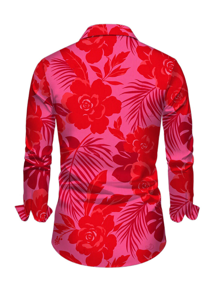 Men's Rose Floral Leaf Print Button Up Long Sleeve Shirt
