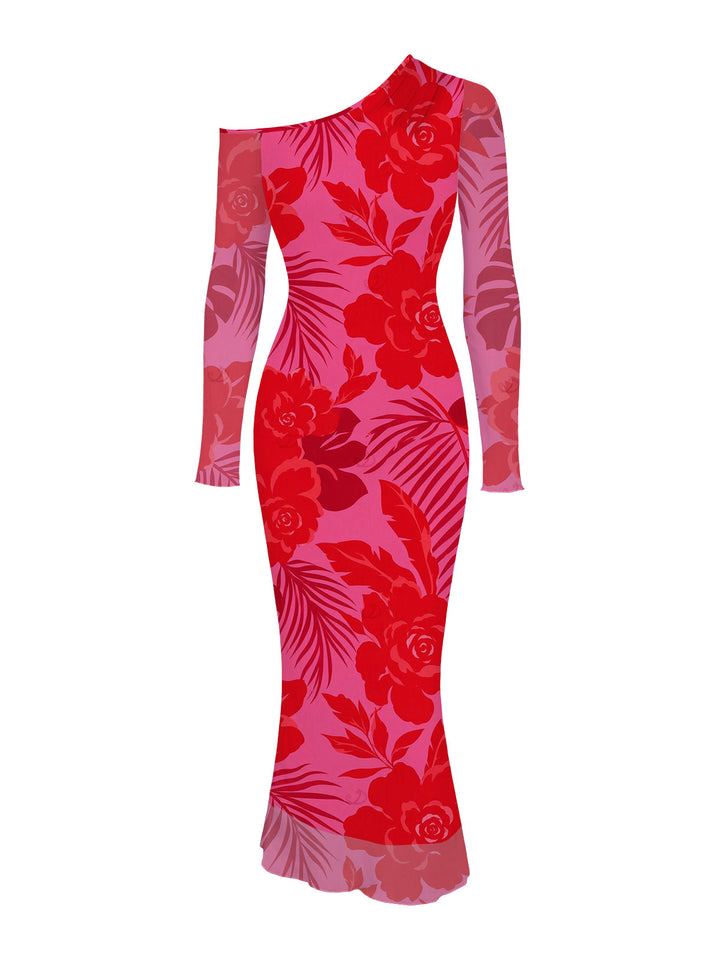 Rose Floral Leaf Print Mesh Skew Neck Long Sleeve Bodycon Dress