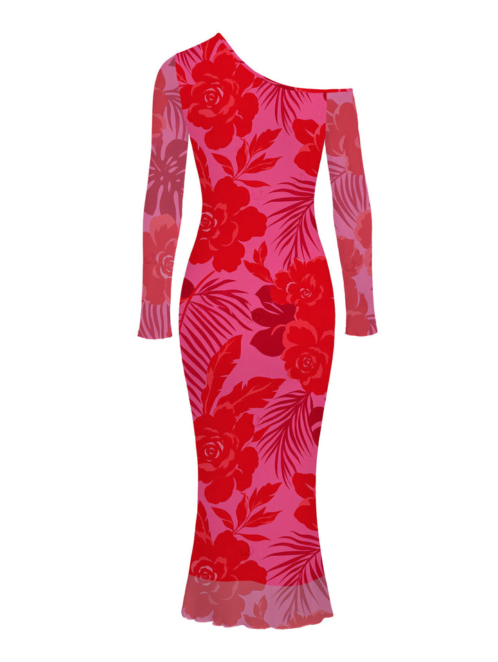 Rose Floral Leaf Print Mesh Skew Neck Long Sleeve Bodycon Dress