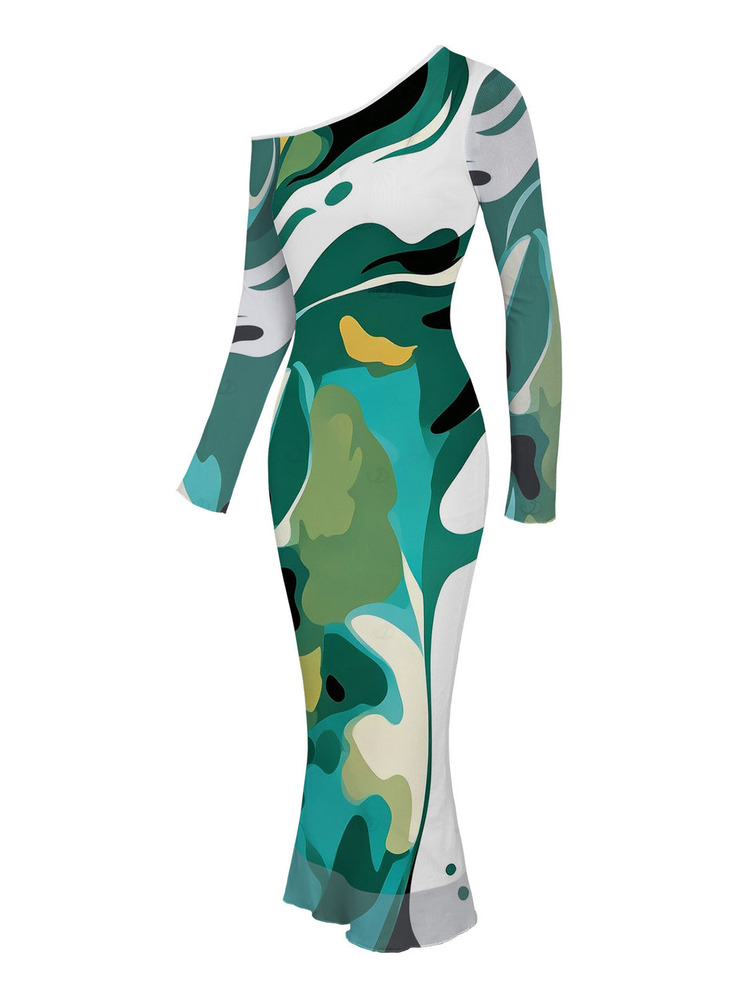 Abstract Art Green Tone Blur Dye Print Skew Neck Mesh Long Sleeve Bodycon Dress