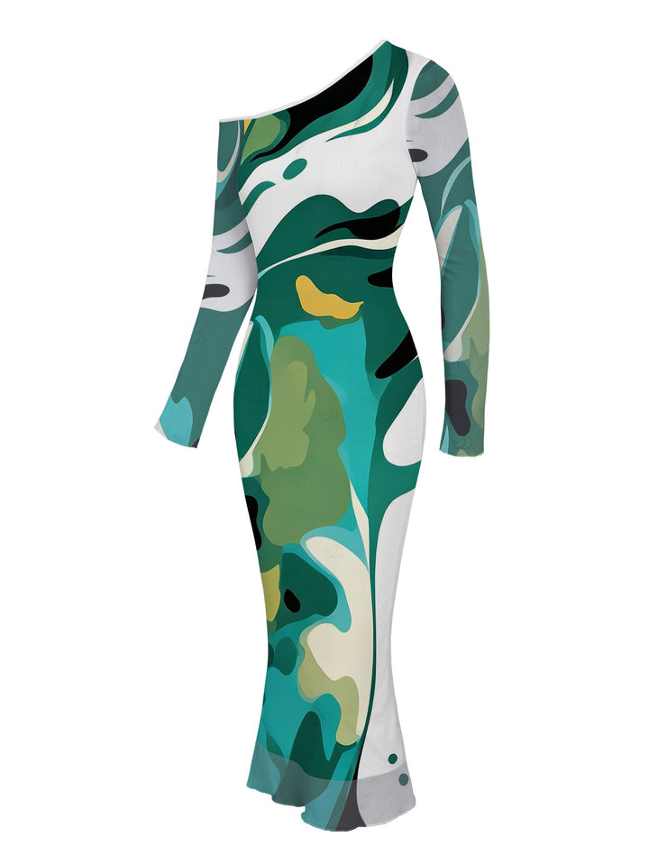 Abstract Art Green Tone Blur Dye Print Skew Neck Mesh Long Sleeve Bodycon Dress