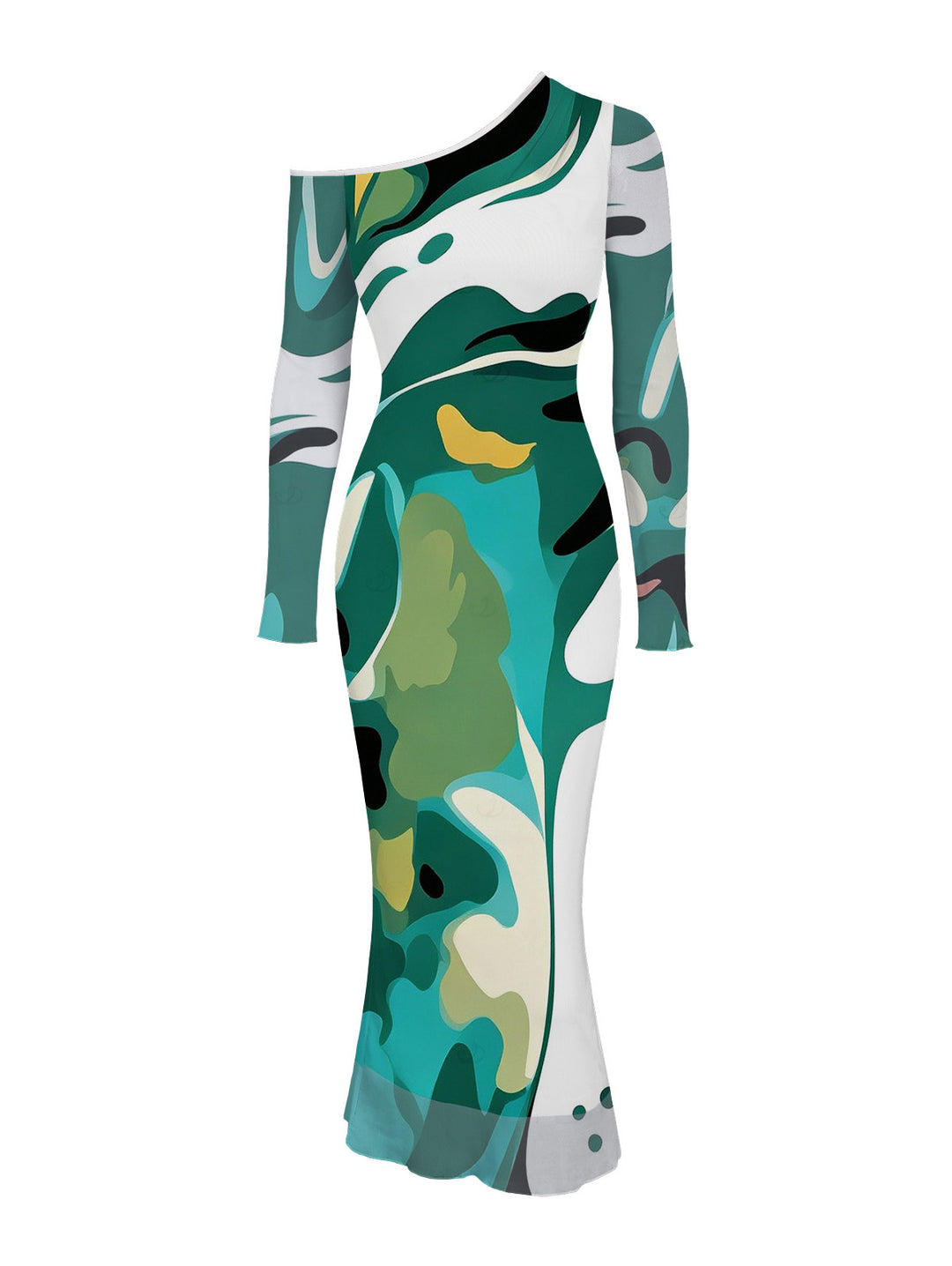 Abstract Art Green Tone Blur Dye Print Skew Neck Mesh Long Sleeve Bodycon Dress