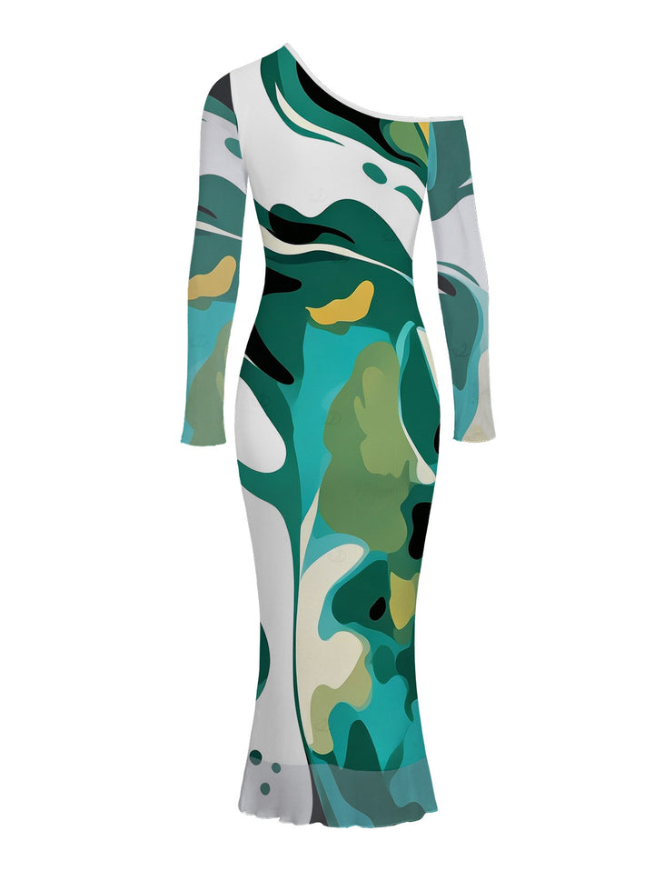 Abstract Art Green Tone Blur Dye Print Skew Neck Mesh Long Sleeve Bodycon Dress