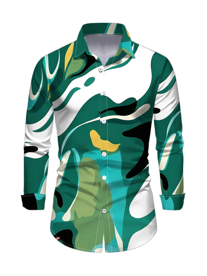 Men's Abstract Art Green Tone Blur Dye Print Button Up Long Sleeve Shirt