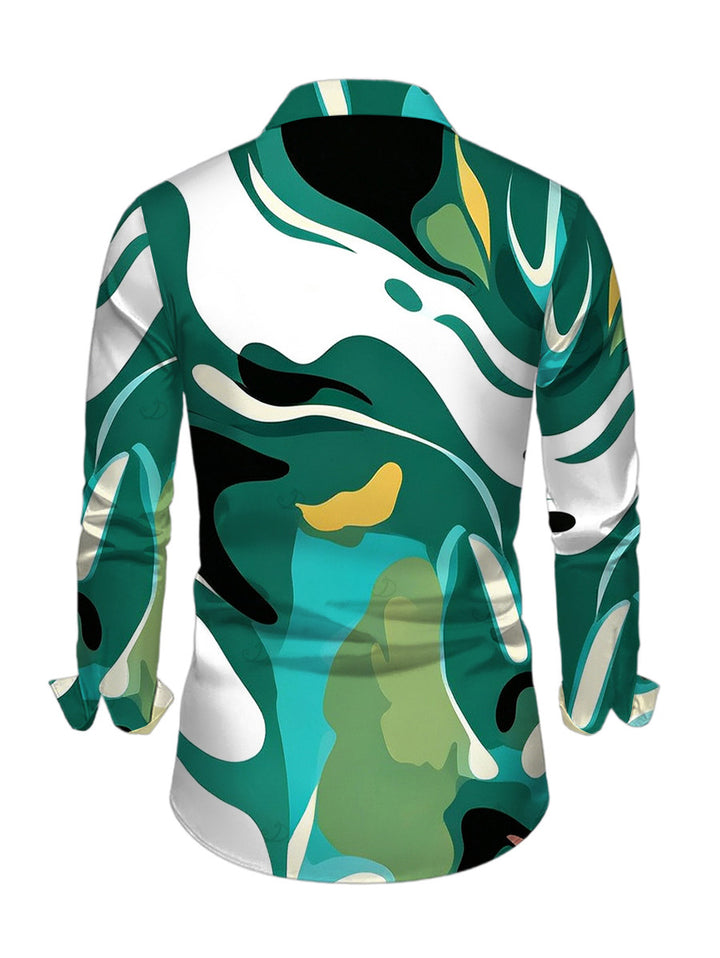 Men's Abstract Art Green Tone Blur Dye Print Button Up Long Sleeve Shirt